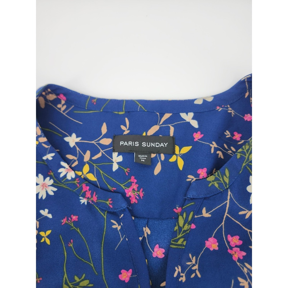 Paris Sunday Blue Floral Long Sleeve Split V-Neck Blouse Medium - Picture 3 of 5